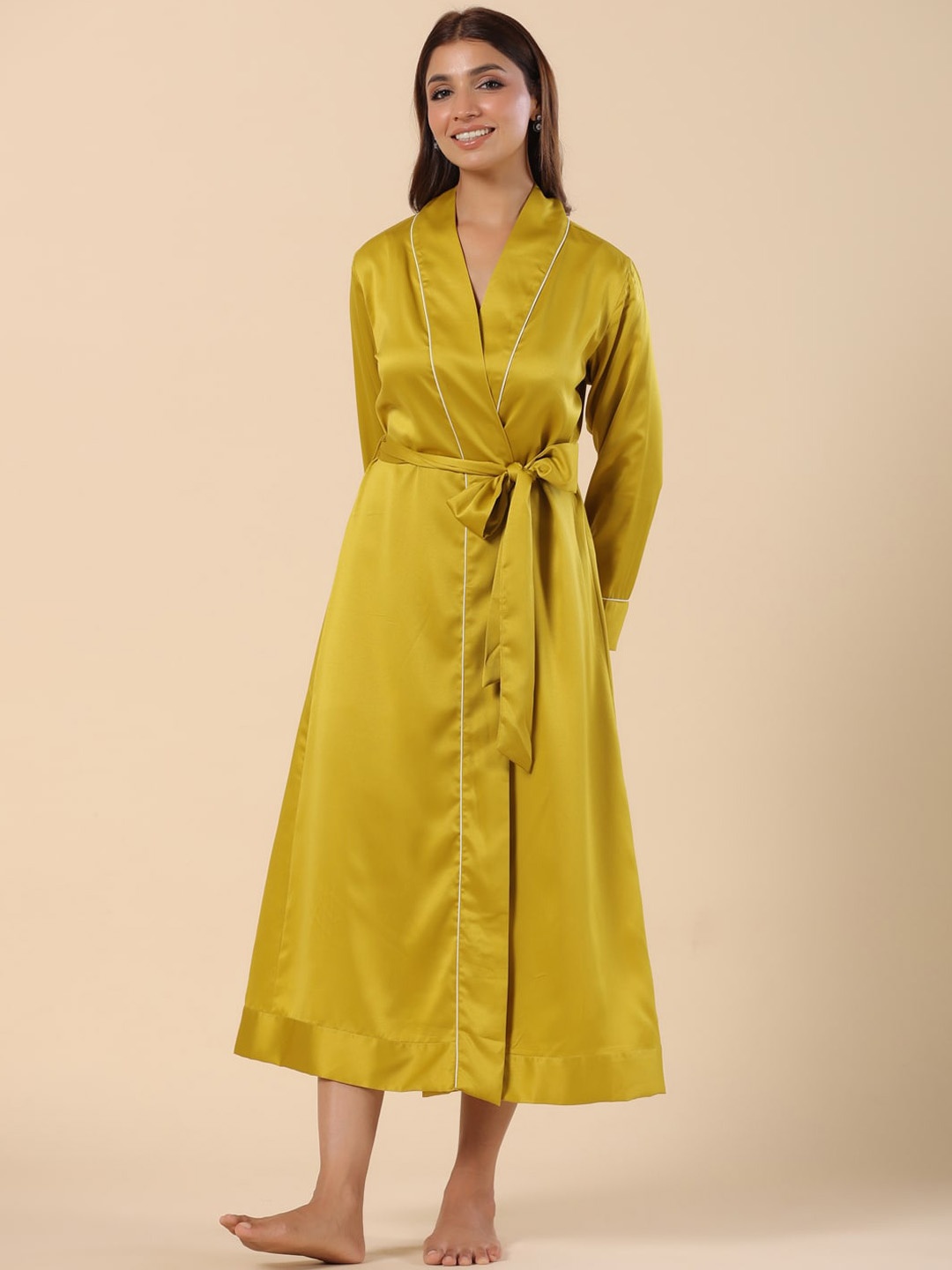 

ETC Musturd Shawl Neck Long Sleeves Quick-Dry Robe, Mustard