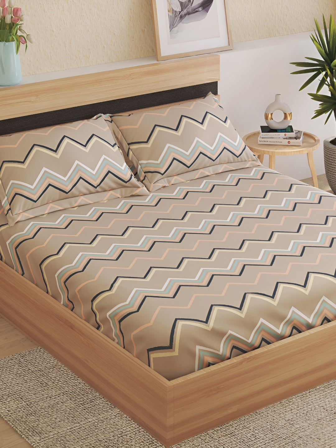 

Home Centre Brown & Black Geometric Microfiber 220 TC Queen Bedsheet with 2 Pillow Covers