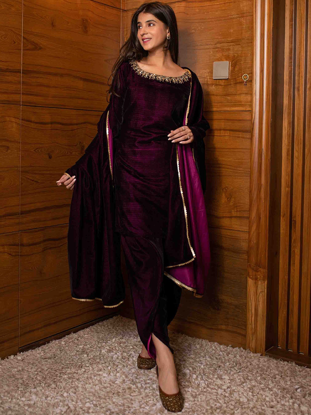 

Label Shaurya Sanadhya Velvet Sequinned Straight Kurti With Dhoti Pants & Dupatta, Burgundy