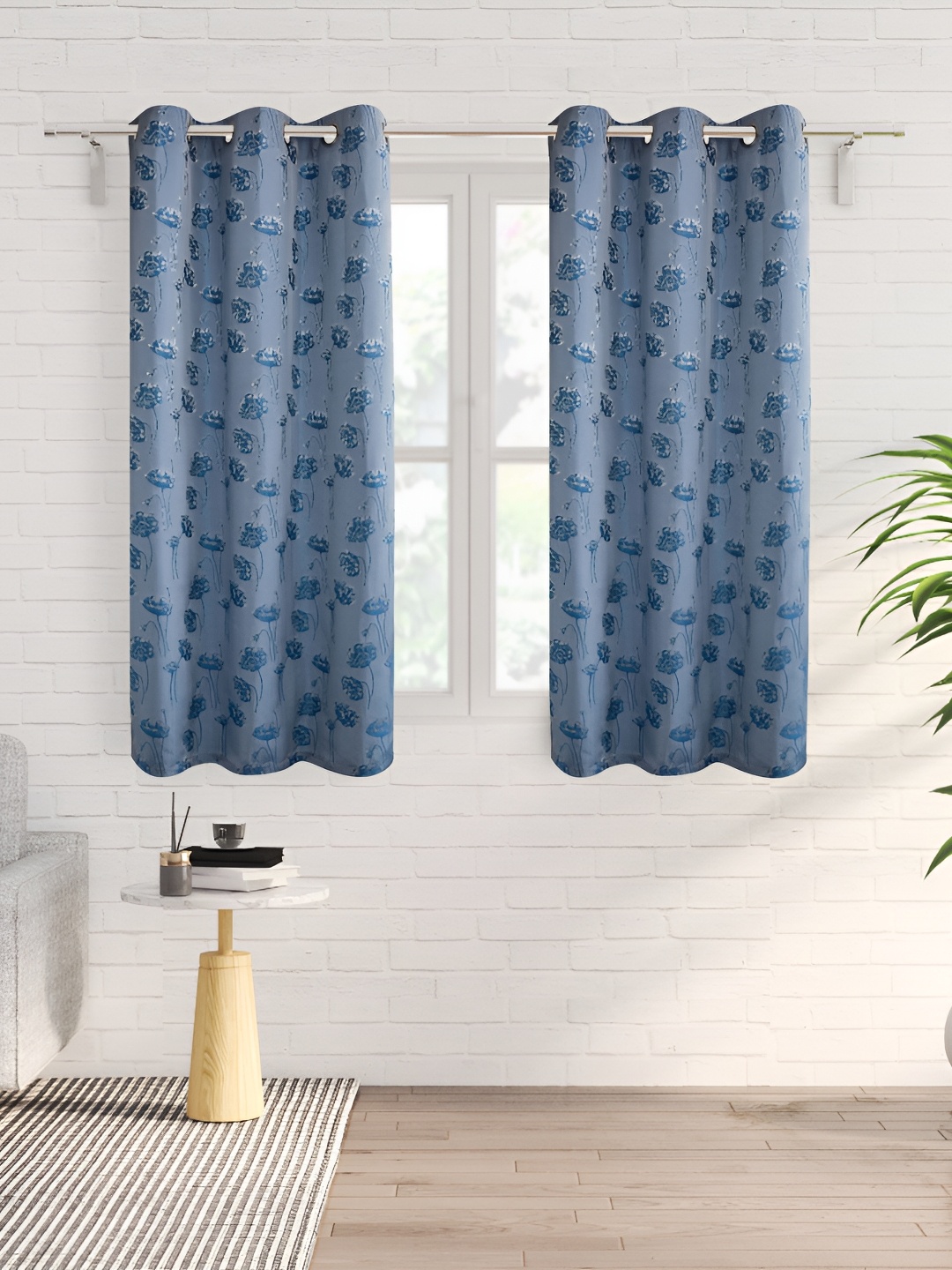 

Home Centre Blue & Off White 2 Pieces Floral Eyelet Window Curtain