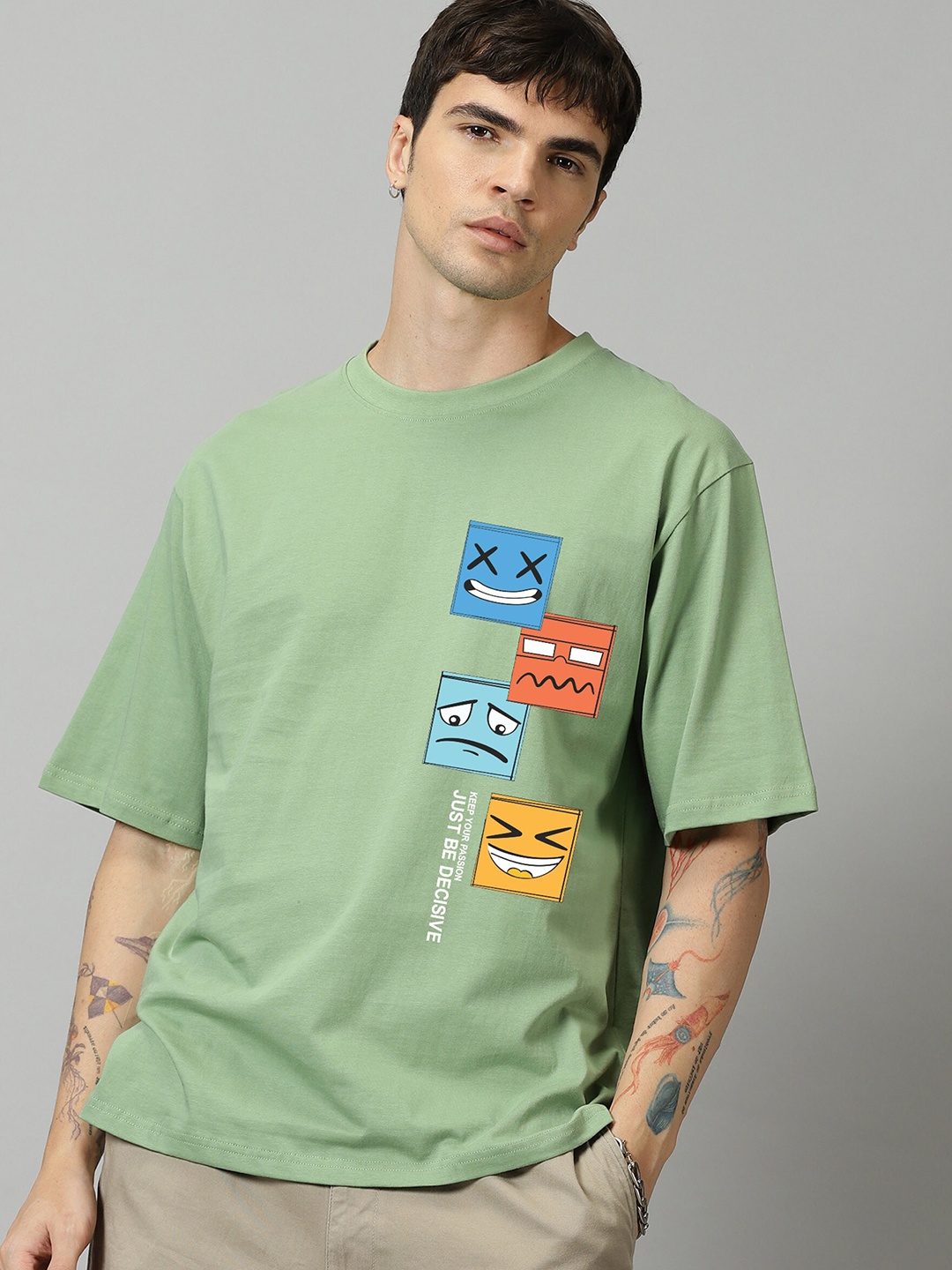 

SLOWLORIS Graphic Printed Drop-Shoulder Sleeves Bio-Wash Oversized T-shirt, Green