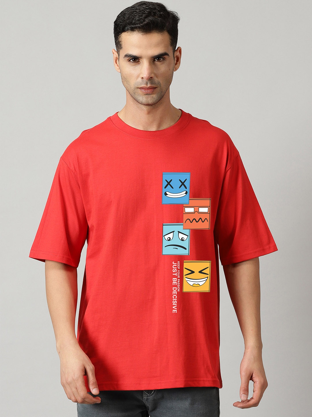 

SLOWLORIS Graphic Printed Drop-Shoulder Sleeves Bio-Wash Oversized T-shirt, Red