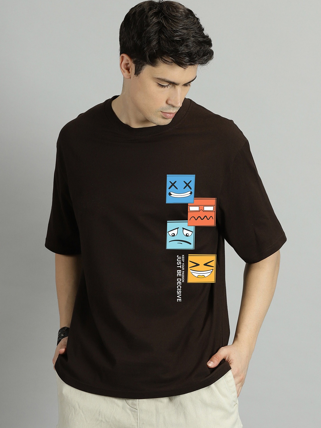 

SLOWLORIS Graphic Printed Drop-Shoulder Sleeves Bio-Wash Oversized T-shirt, Brown