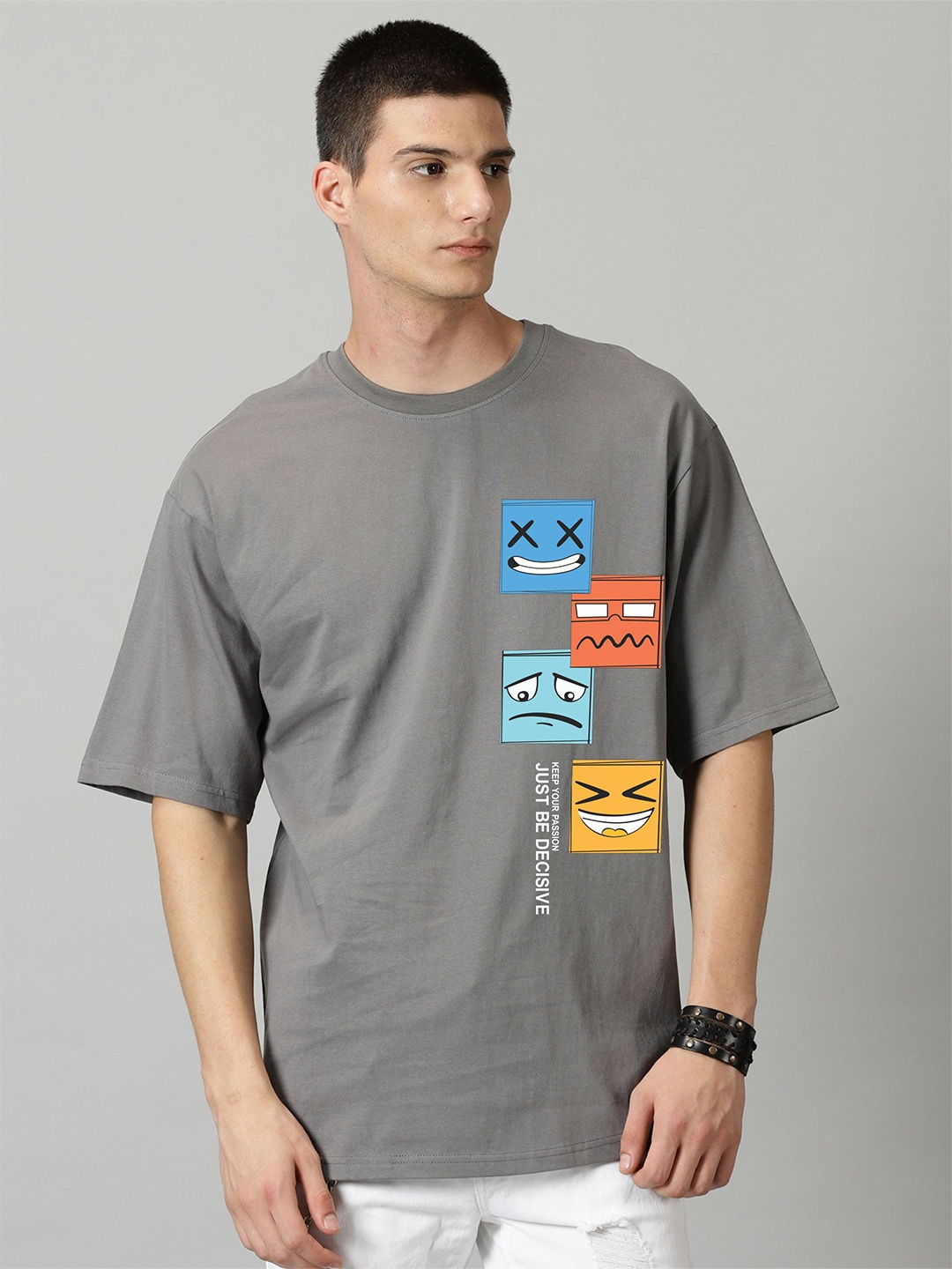 

SLOWLORIS Graphic Printed Drop-Shoulder Sleeves Bio-Wash Oversized T-shirt, Grey