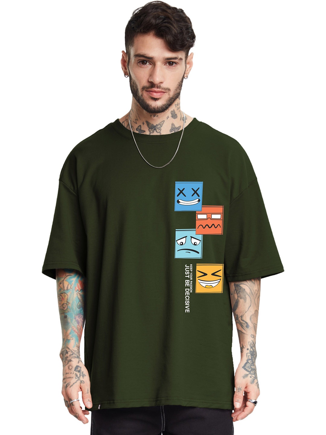 

SLOWLORIS Graphic Printed Drop-Shoulder Sleeves Bio-Wash Oversized T-shirt, Olive