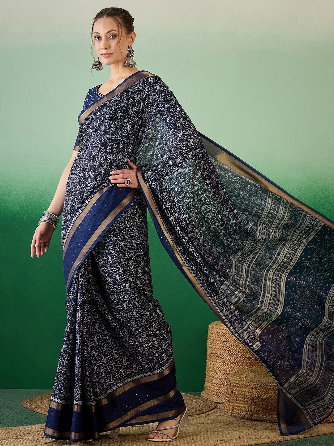 

KALINI Warli Silk Cotton Designer Saree, Navy blue