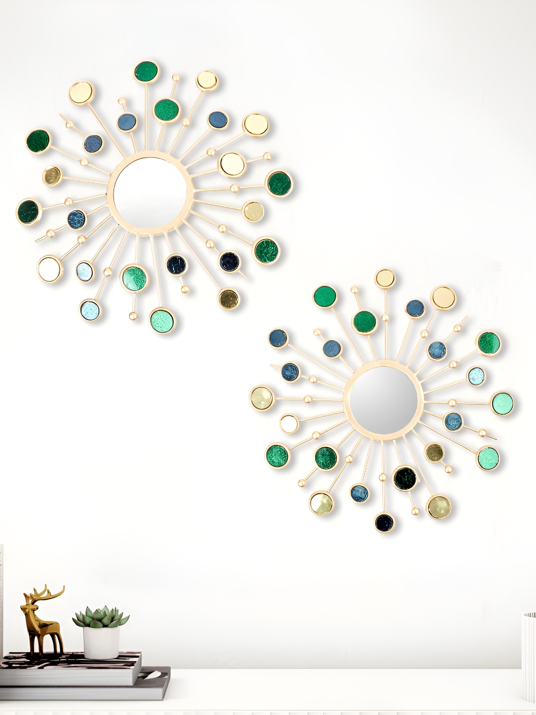 Home Centre Corsica Beige & Green 2 Pieces Textured Glass Wall Decor Plates