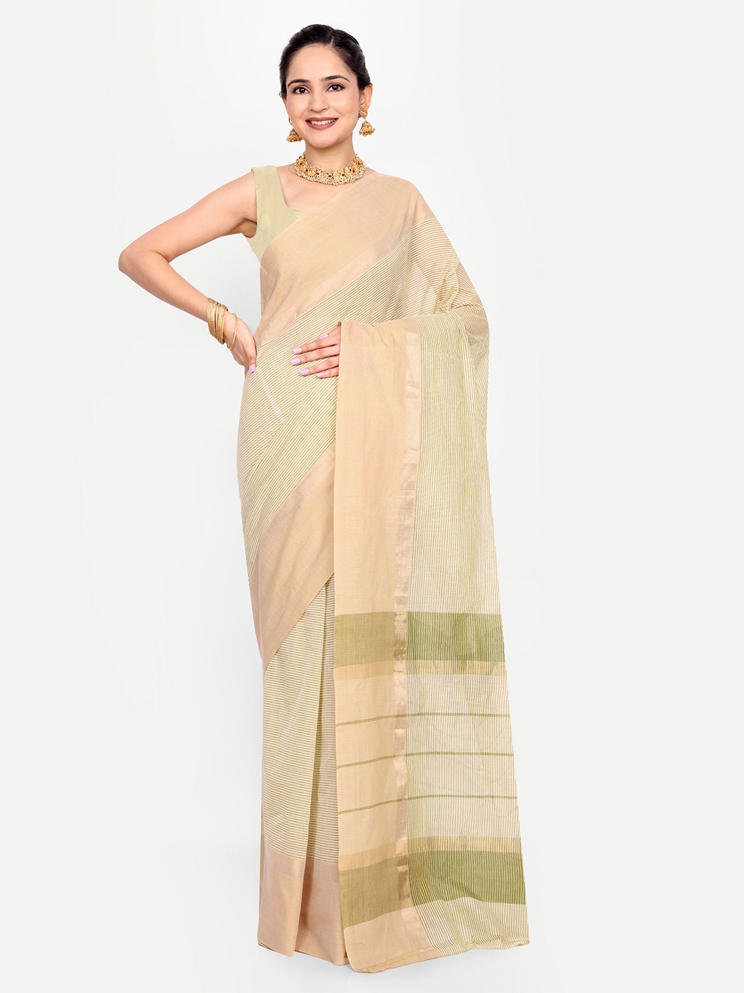 

SENSAN Pure Cotton Kanjeevaram Saree, Off white