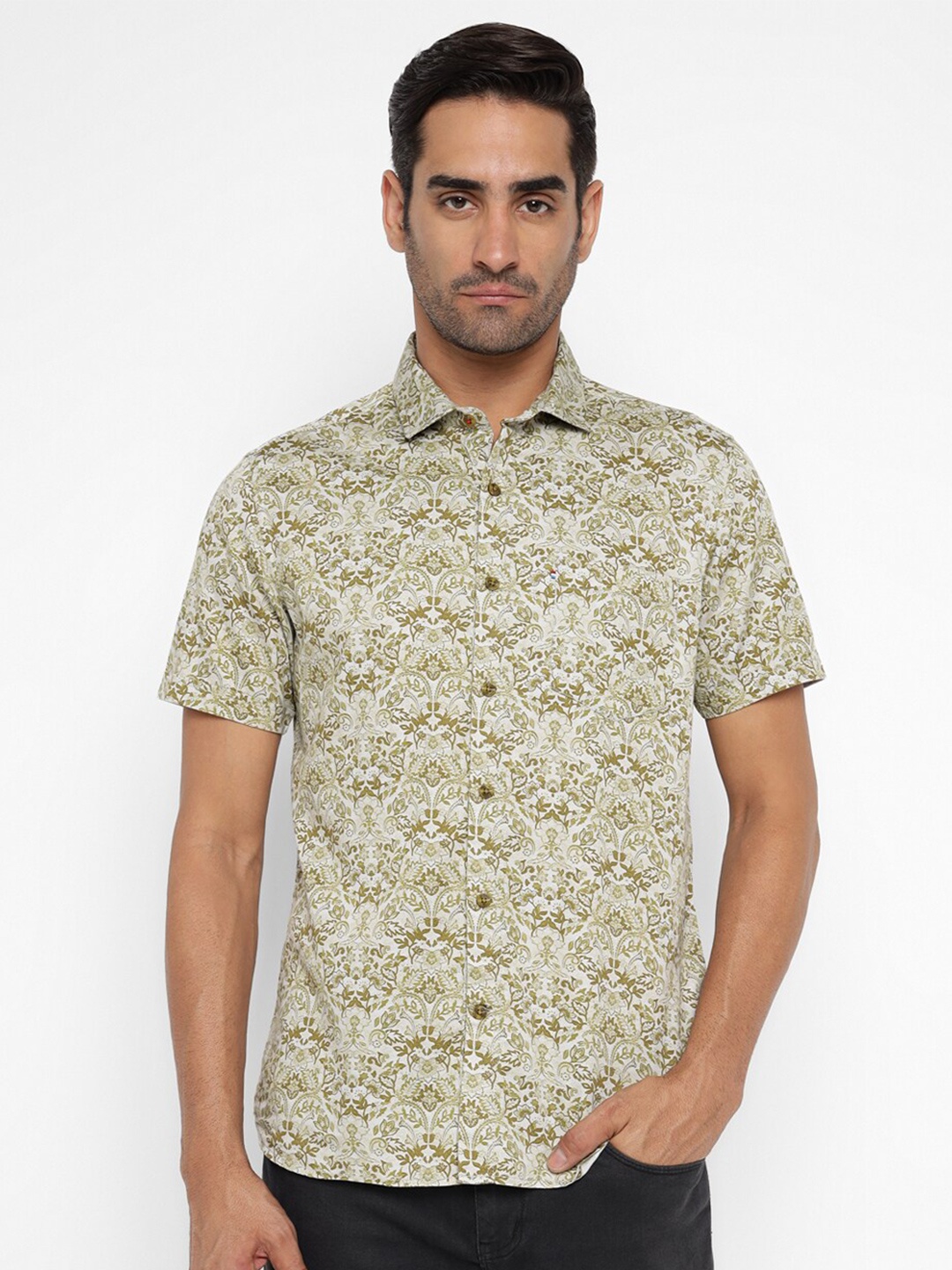 

Red Chief Slim Fit Floral Printed Spread Collar Cotton Casual Shirt, Khaki