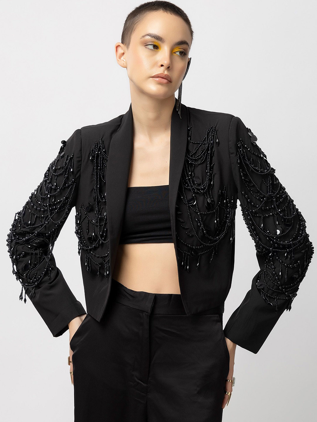

Diwaah Self Design Shawl Collar Long Sleeves Studded Dry Fit Crop Open Front Jacket, Black