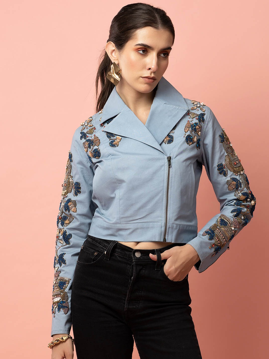 

Diwaah Floral Embroidered Lapel Collar Studded Dry Fit Cotton Crop Tailored Jacket, Blue