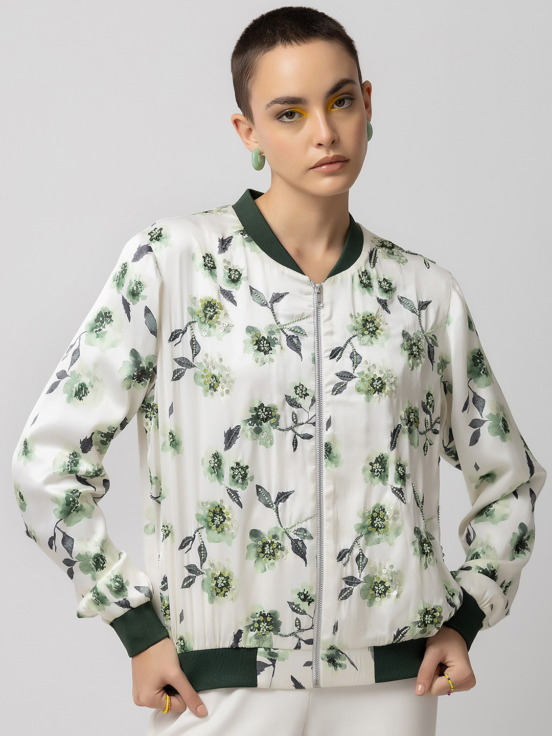

Diwaah Floral Printed Stand Collar Bomber Jacket, White