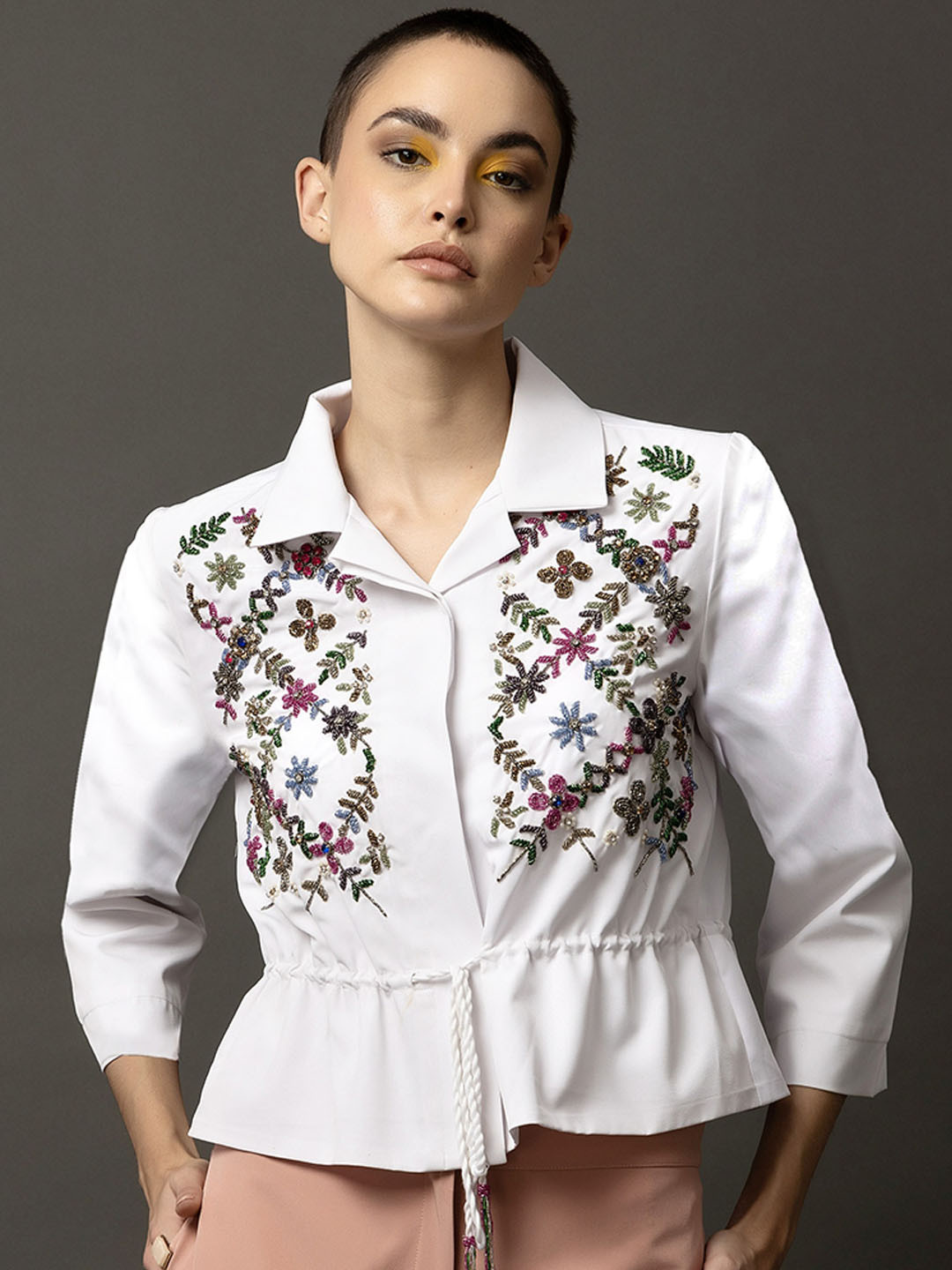

Diwaah Floral Embroidered Lapel Collar Studded Dry Fit Crop Tailored Jacket, White