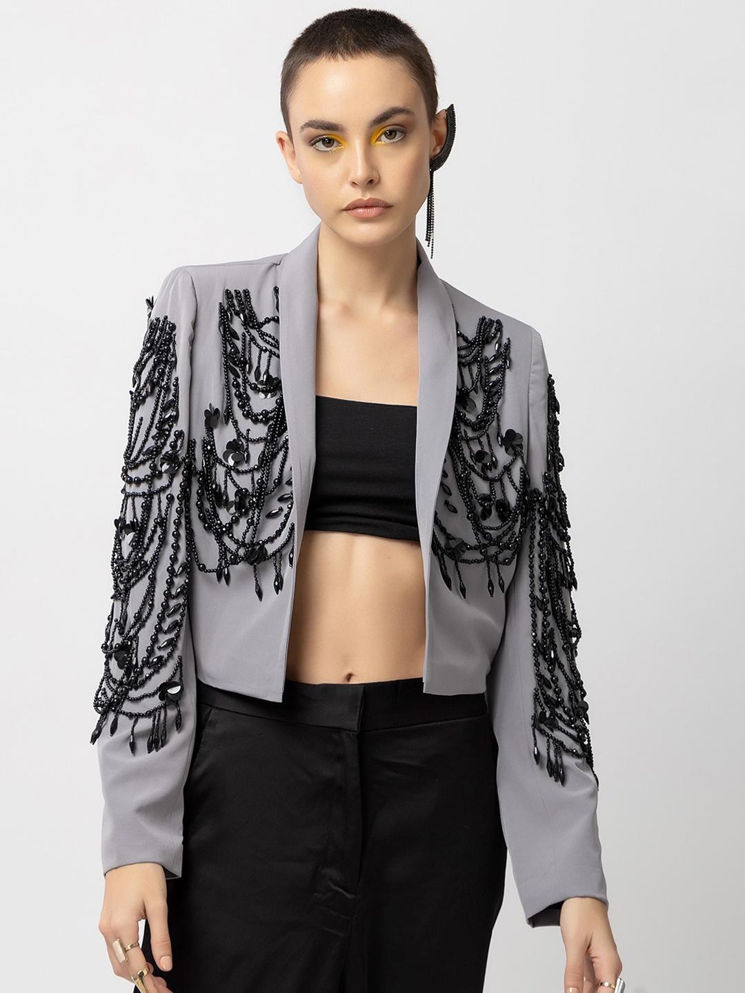 

Diwaah Self Design Shawl Collar Long Sleeves Studded Dry Fit Crop Open Front Jacket, Grey