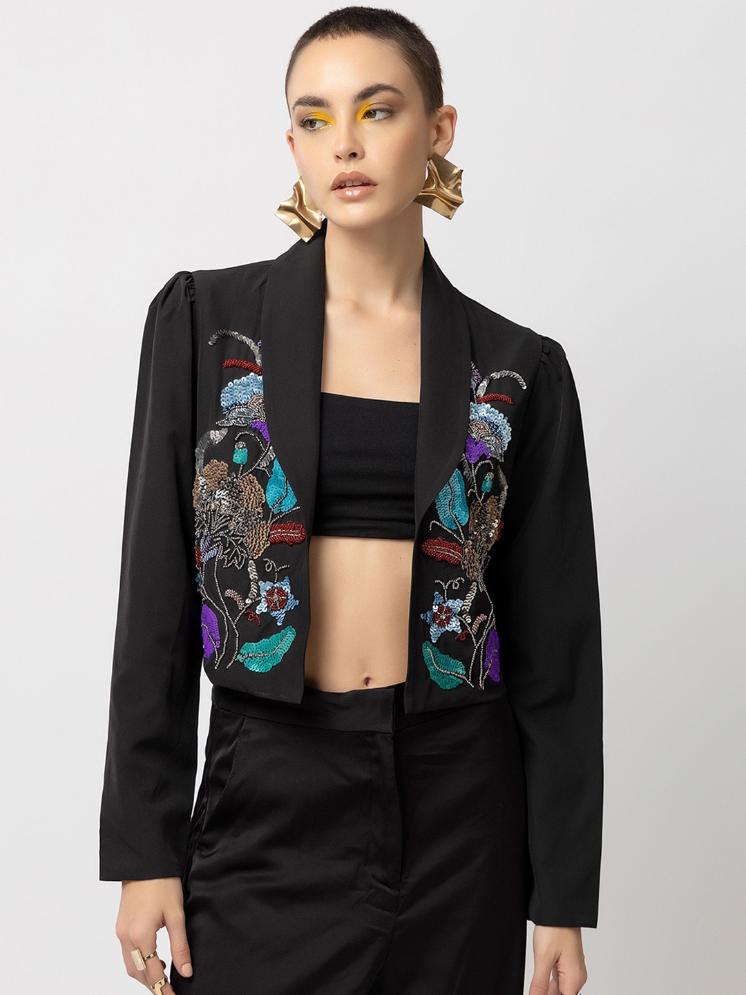 

Diwaah Floral Embroidered Crop Tailored Jacket, Black