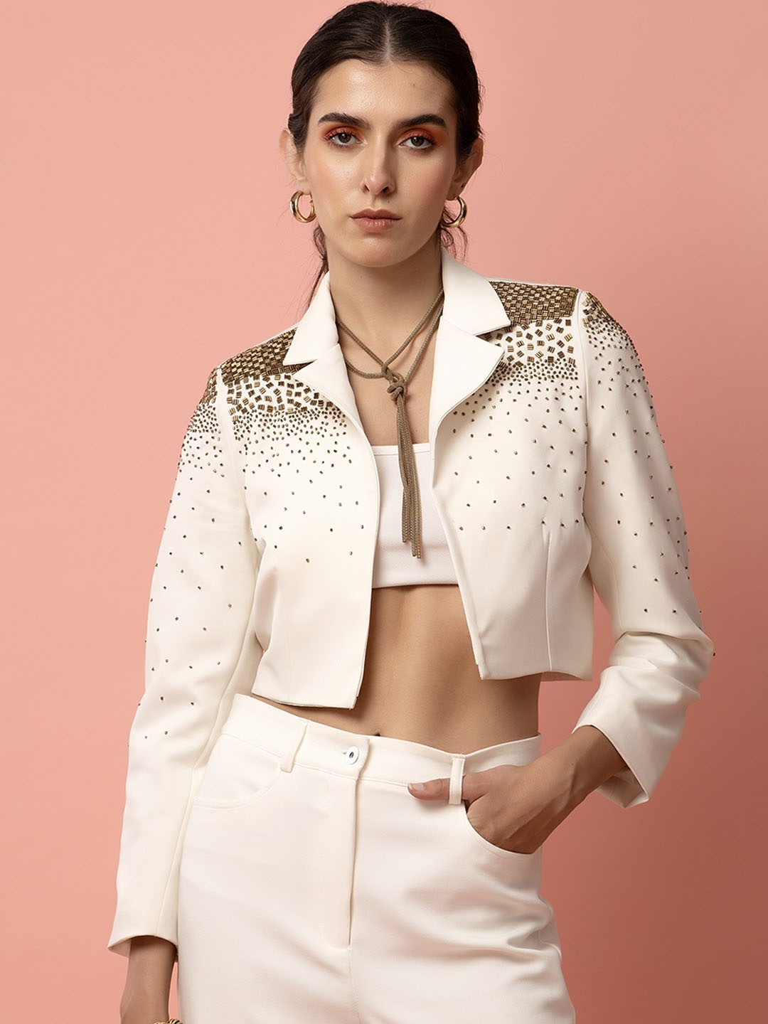 

Diwaah Lapel Collar Crop Open Front Jacket With Embellished, White