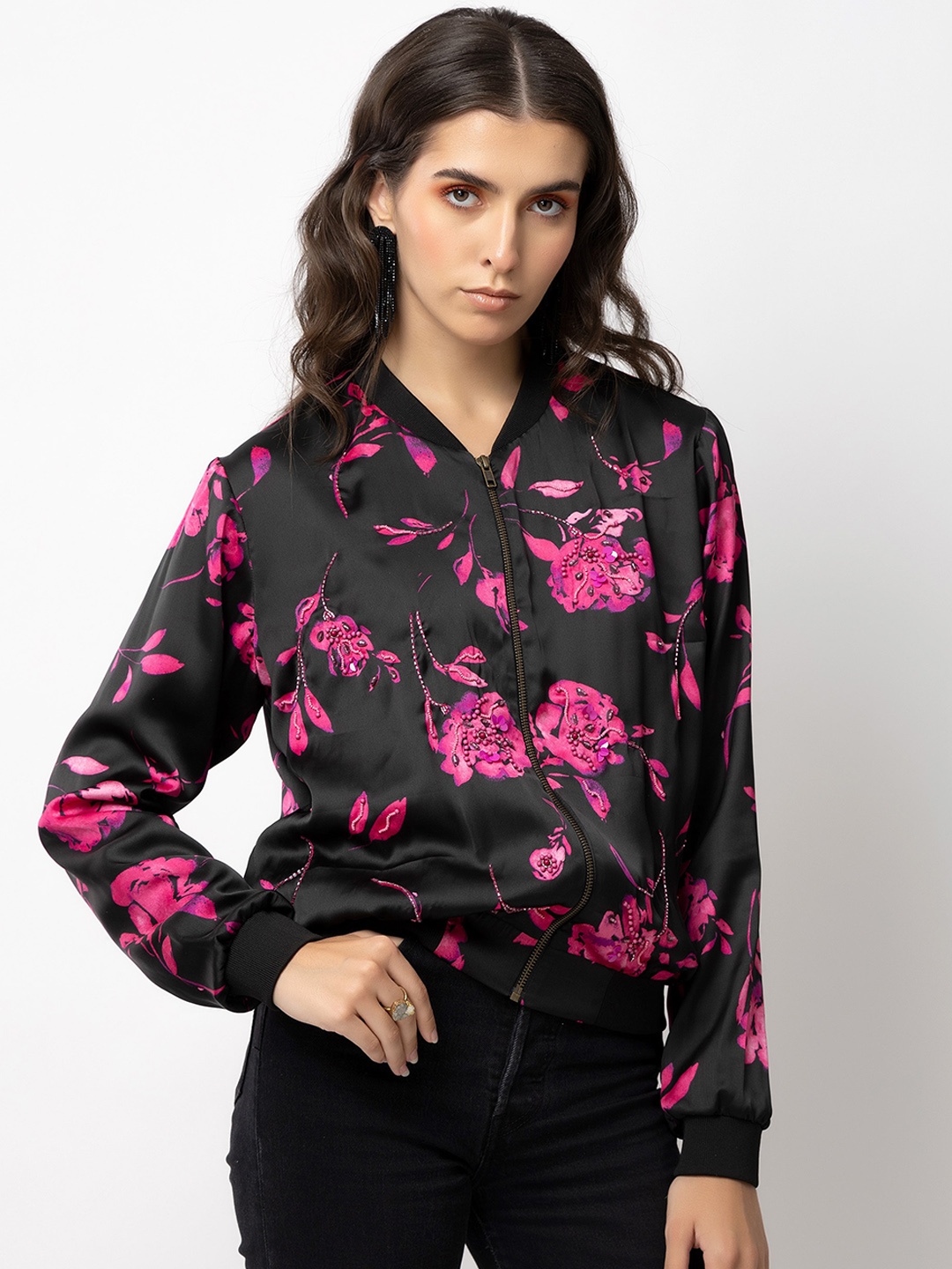 

Diwaah Floral Printed Stand Collar Embroidered Bomber Jacket, Black