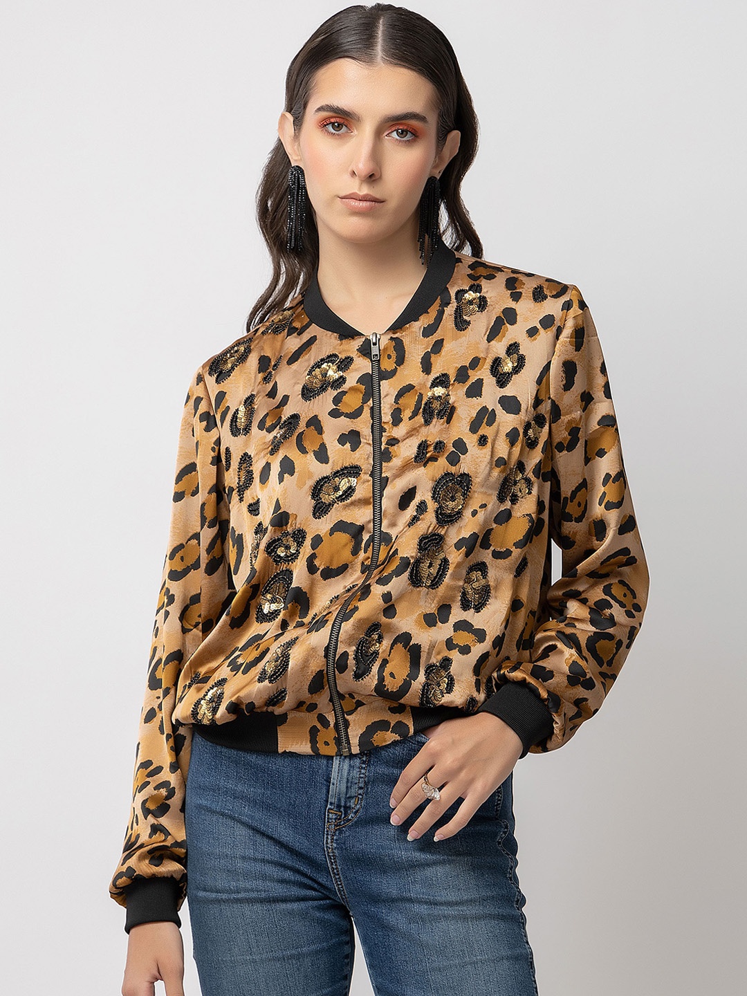 

Diwaah Floral Printed Stand Collar Embroidered Bomber Jacket, Brown