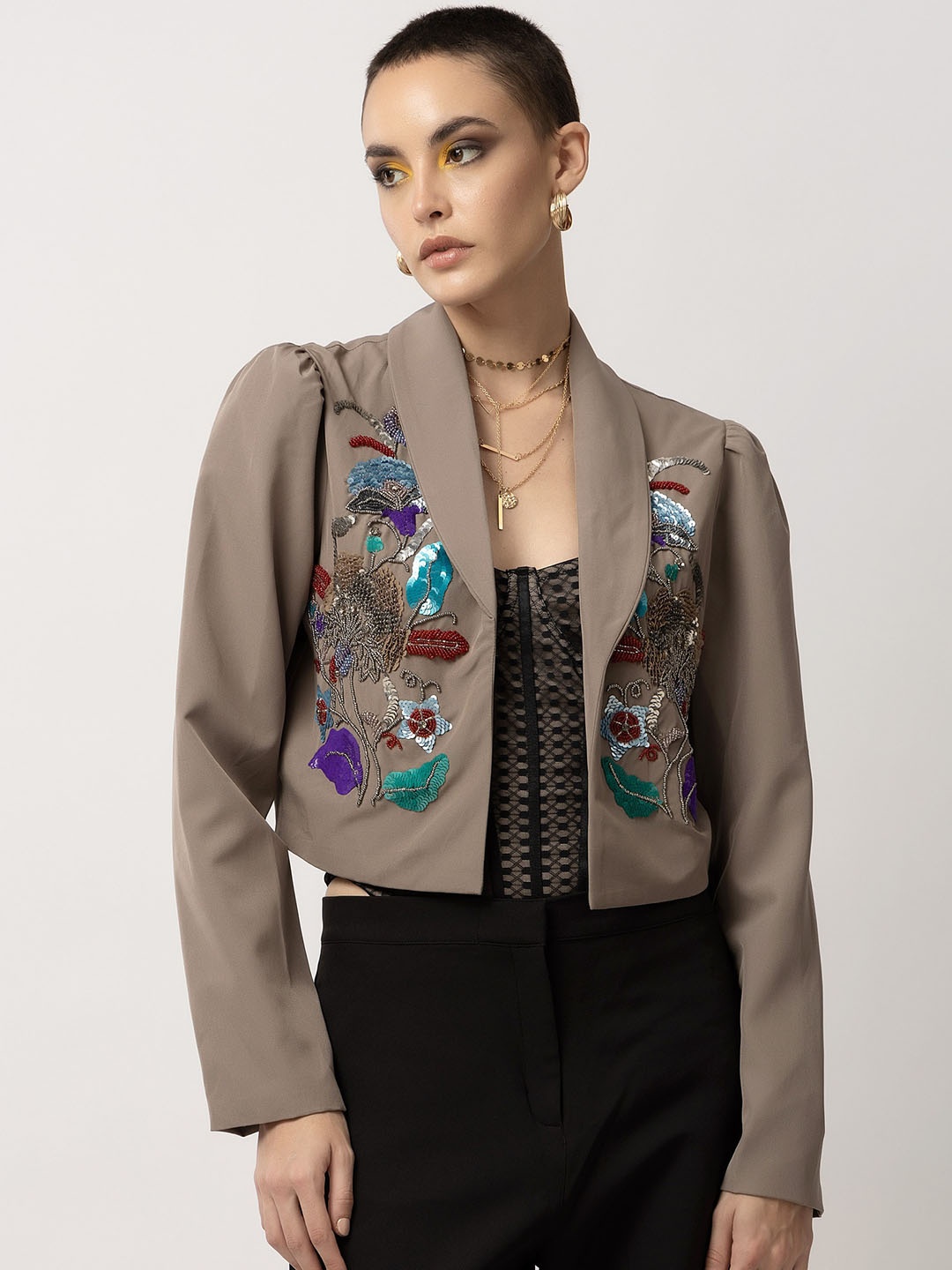 Diwaah Floral Embroidered Shawl Collar Studded Dry Fit Crop Open Front Jacket, Beige