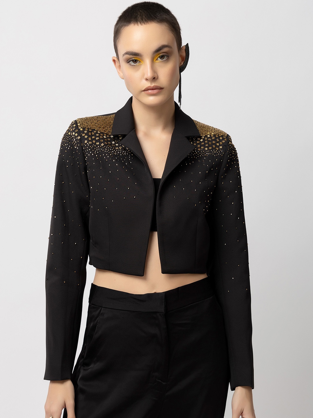 

Diwaah Self Design Crop Tailored Jacket With Embroidered, Black