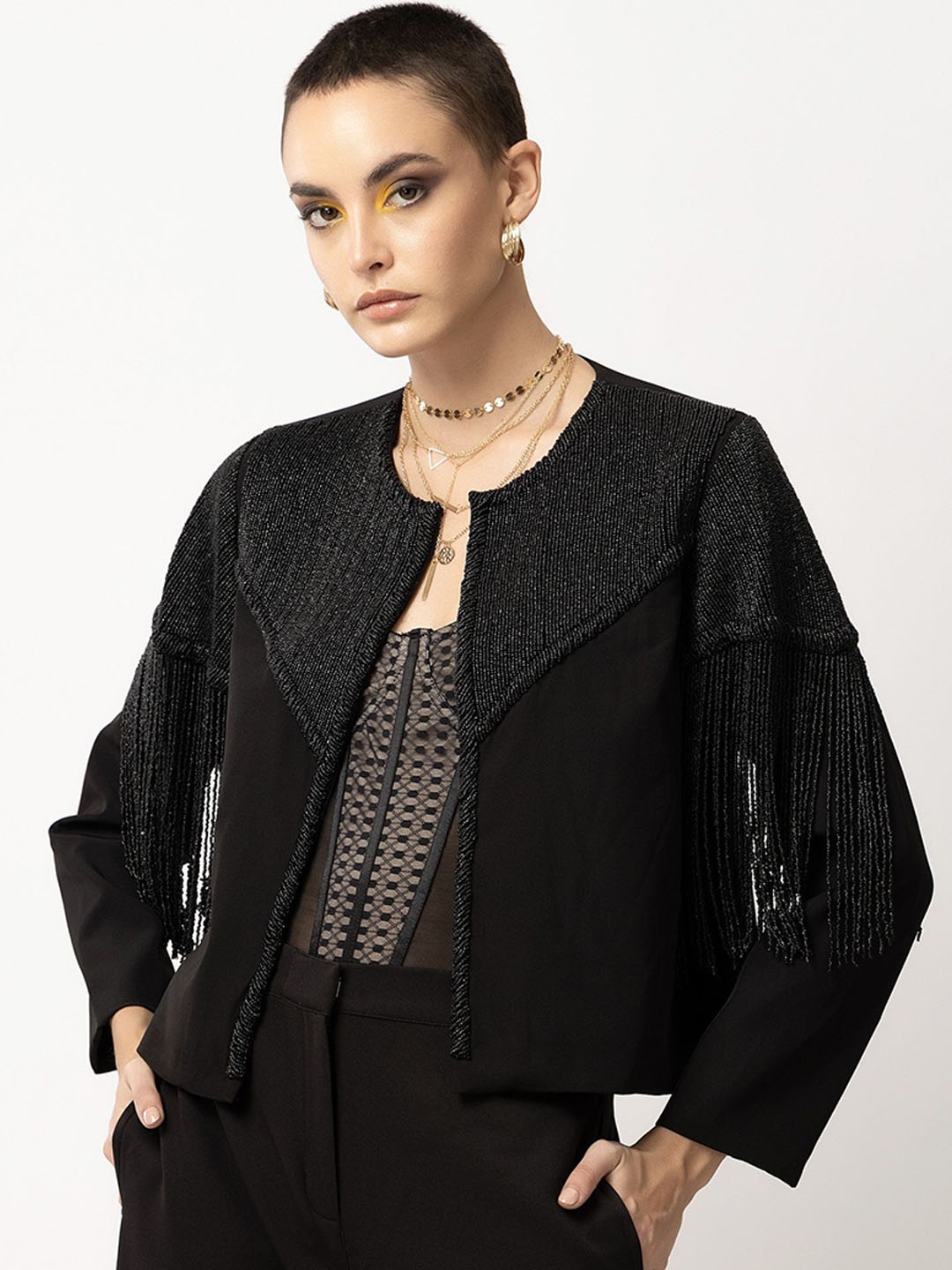 

Diwaah Self Design Collarless Crop Open Front Jacket With Embroidered, Black