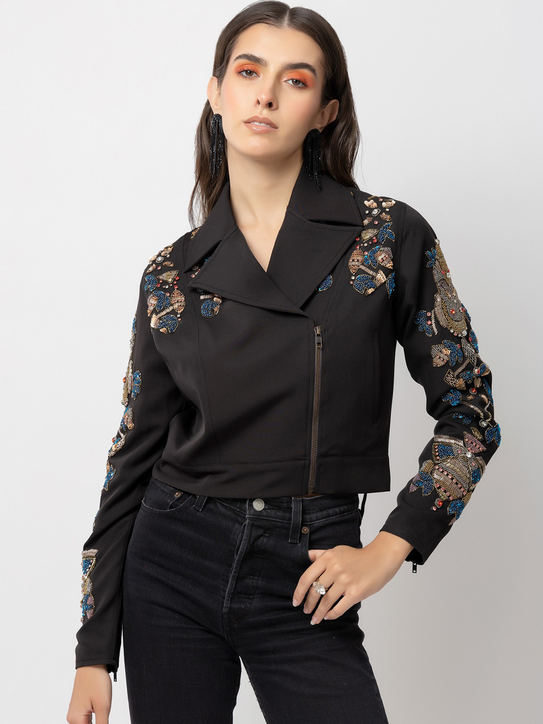 

Diwaah Floral Embroidered Lapel Collar Studded Dry Fit Cotton Crop Tailored Jacket, Black