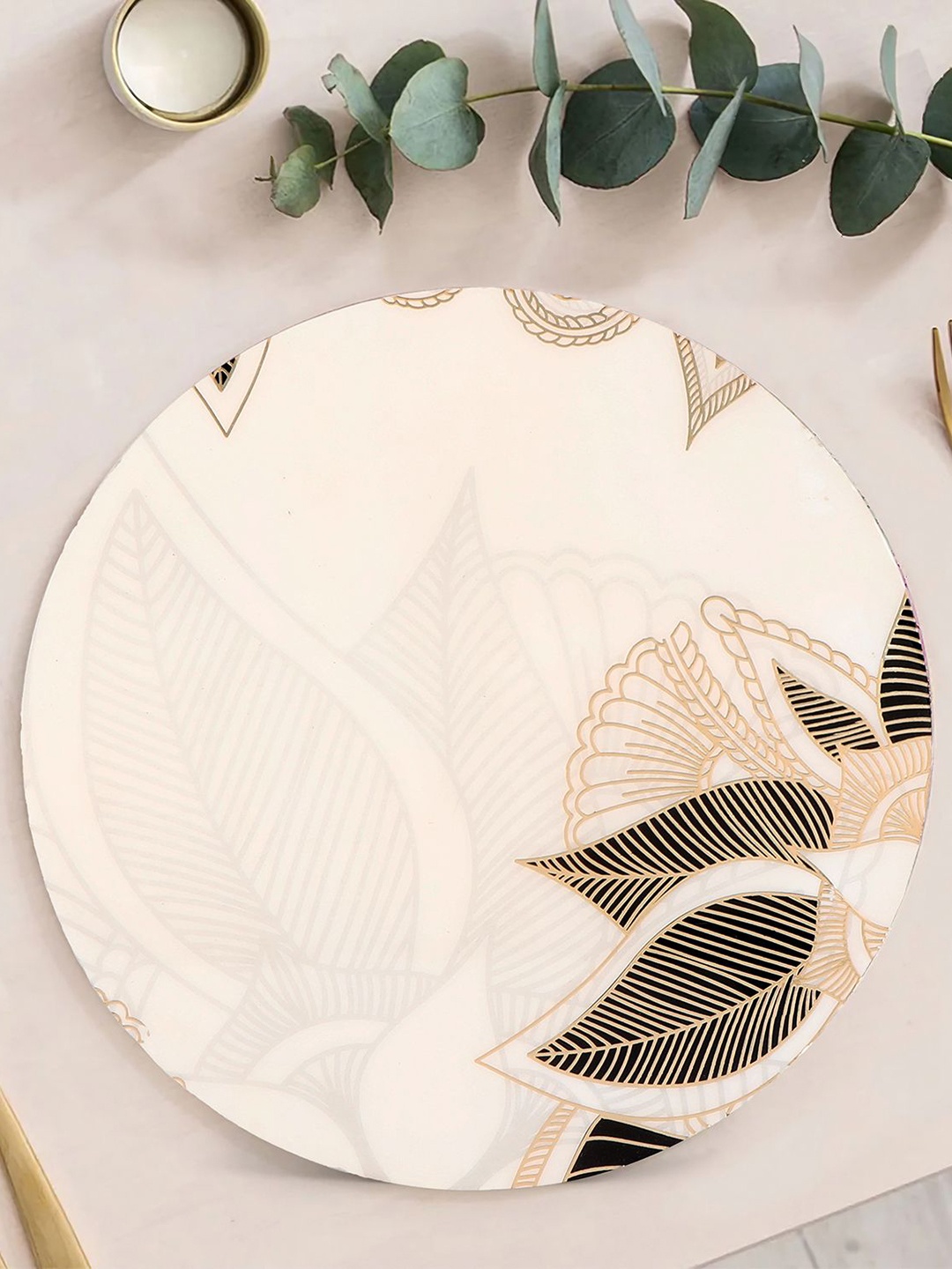 

THE HOME CO. White & Beige Flower Printed Wooden Round Trivet