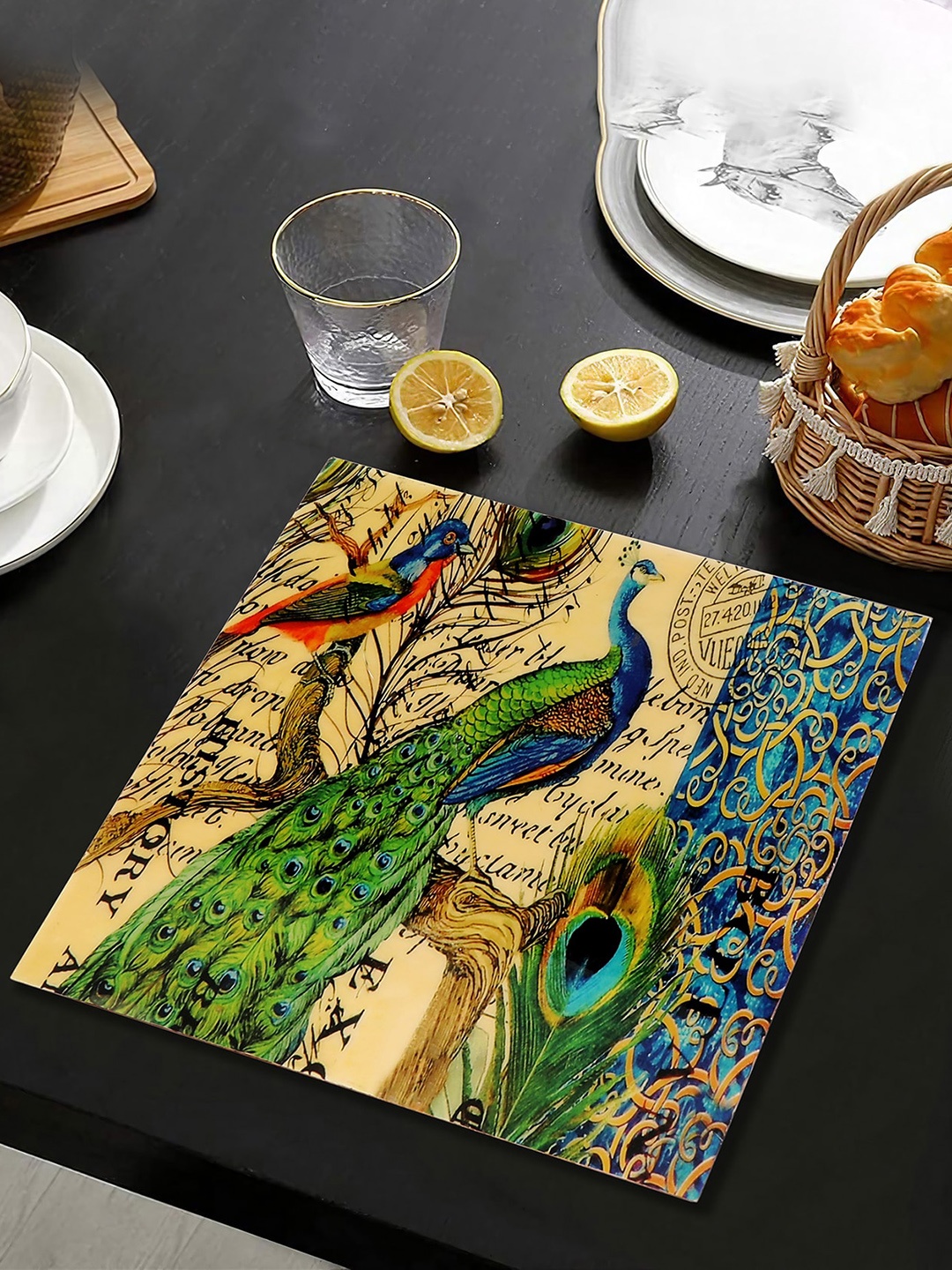 

THE HOME CO. Blue & Green Peacock Printed Wooden Square Trivet