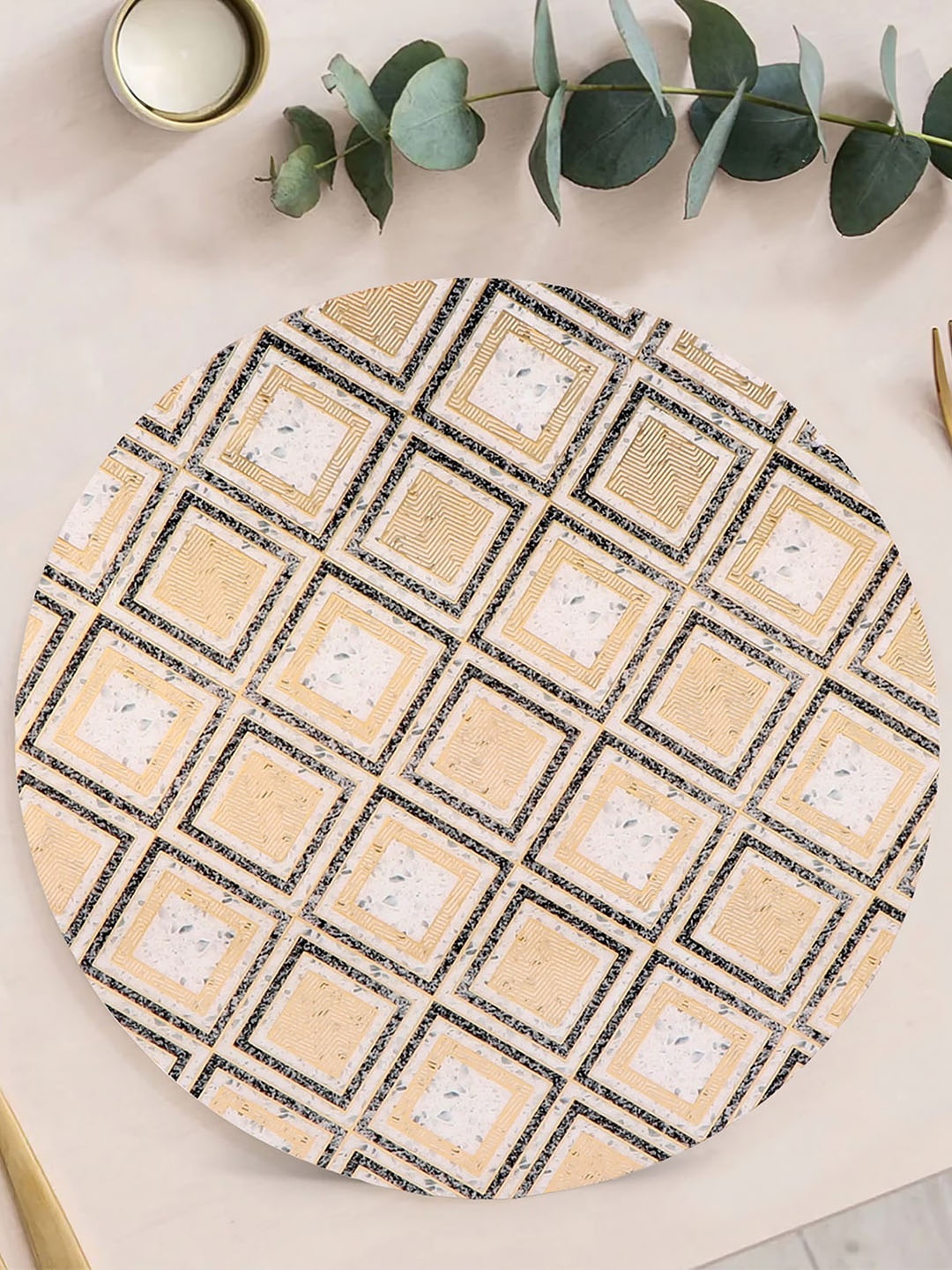 

THE HOME CO. Grey & Beige Geometric Printed Wooden Round Trivet