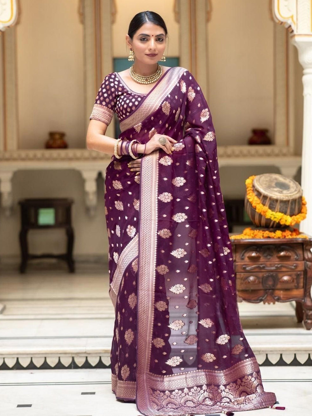 

BAESD Floral Zari Silk Blend Saree, Violet