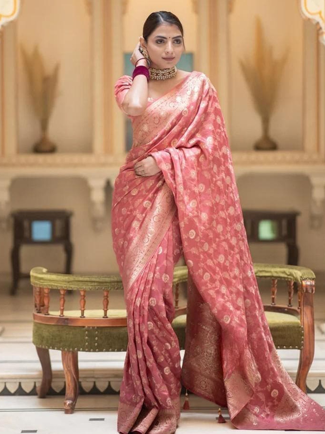 

BAESD Woven Design Zari Pure Silk Banarasi Saree, Peach