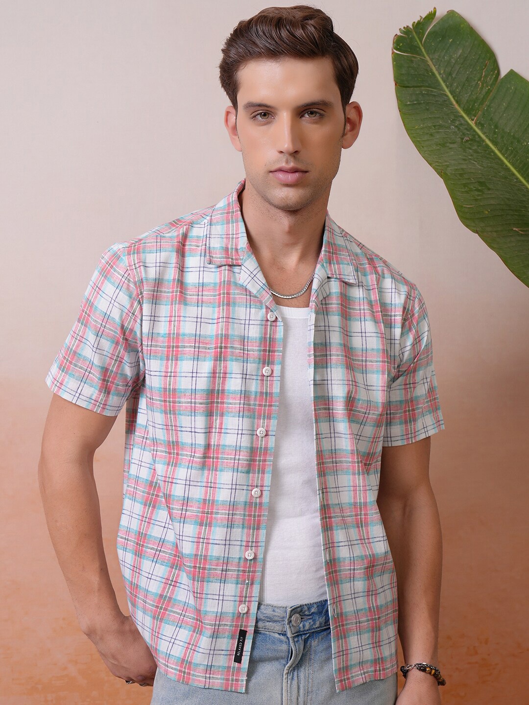 

LOCOMOTIVE Premium Men Checked Cuban Collar Relaxed Shirt, White