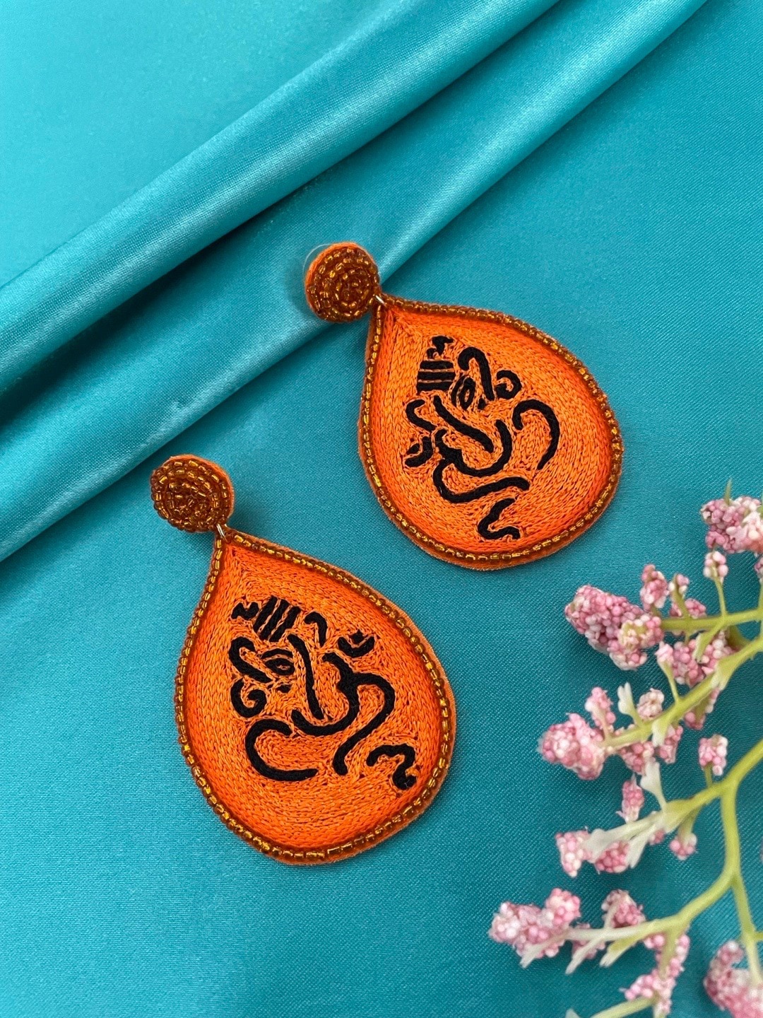 

Digital Dress Room Lord Ganesha Design Teardrop Shaped Drop Earrings, Orange