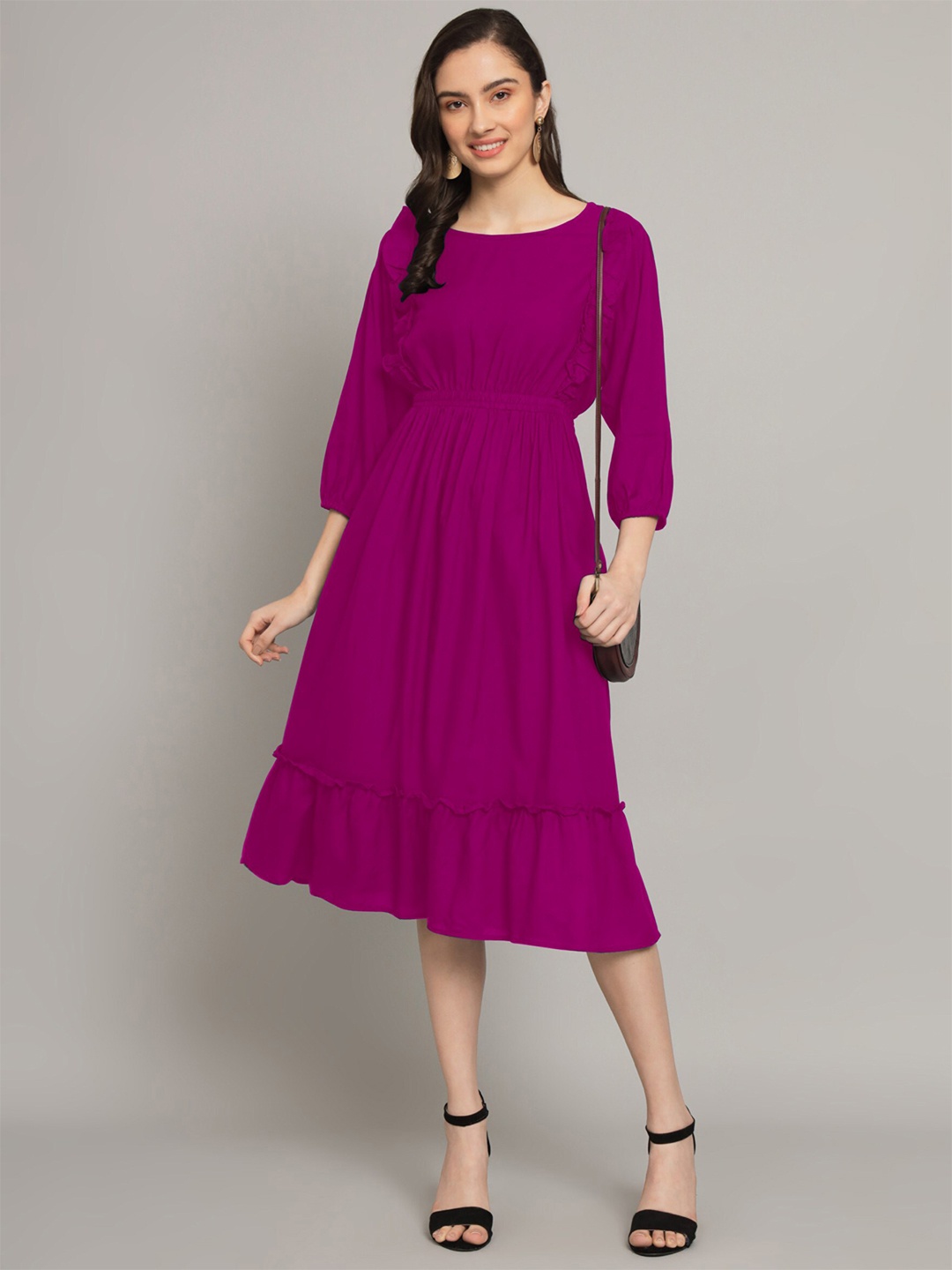

Femvy Puff Sleeves Gathered Ruffles Puff Sleves Fit & Flare Flounce Casual Midi Dress, Magenta