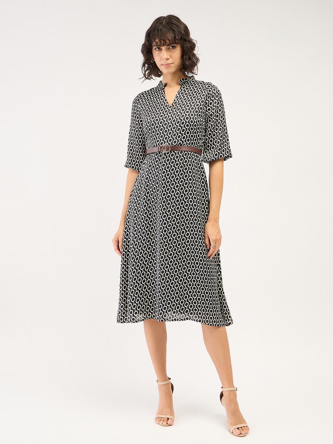 

SALT ATTIRE Geometric Printed Midi A-Line Dress With Belt, Black