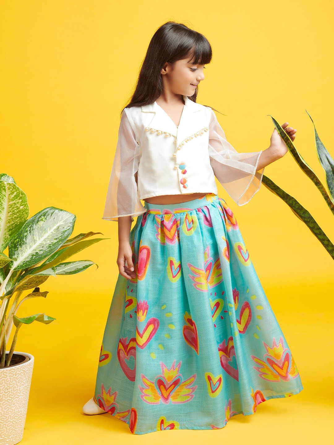 

Bare Wear Girls Embellished Lapel Collar Top with Printed Skirt, White