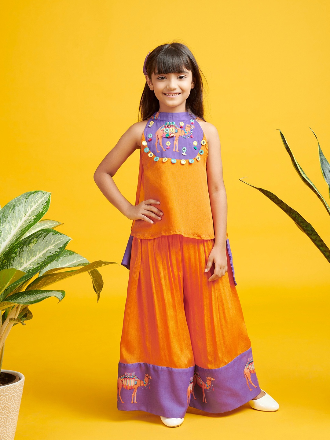 

Bare Wear Girls Embellished Pure Silk Top With Palazzo, Orange