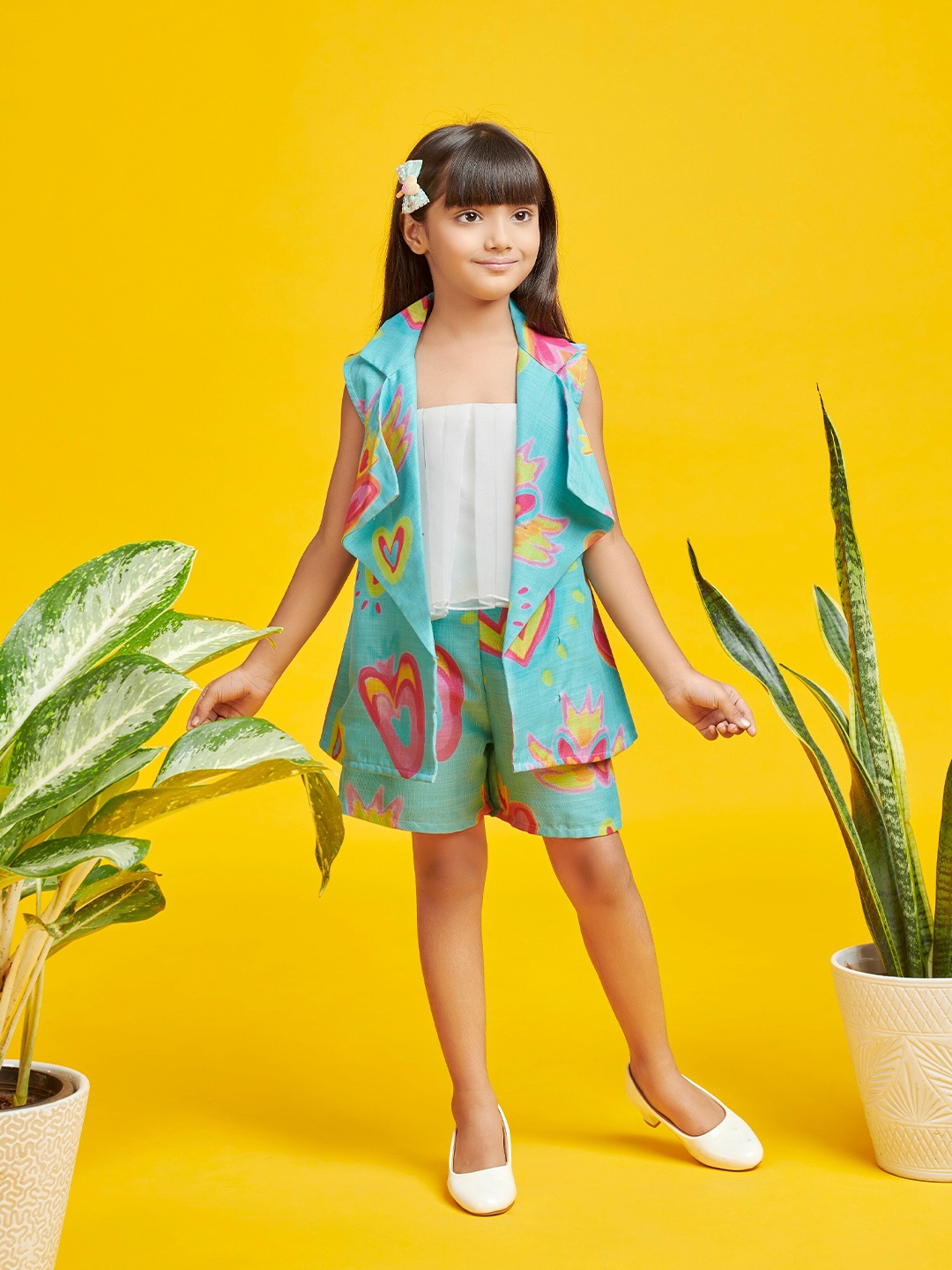 

Bare Wear Girls Printed Square Neck Top With Short, Blue