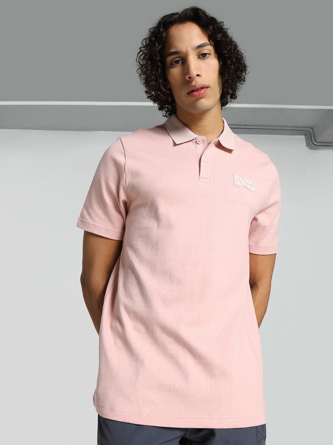 

one8 x PUMA Mens Signature Polo Collar Self Design T-shirt, Pink