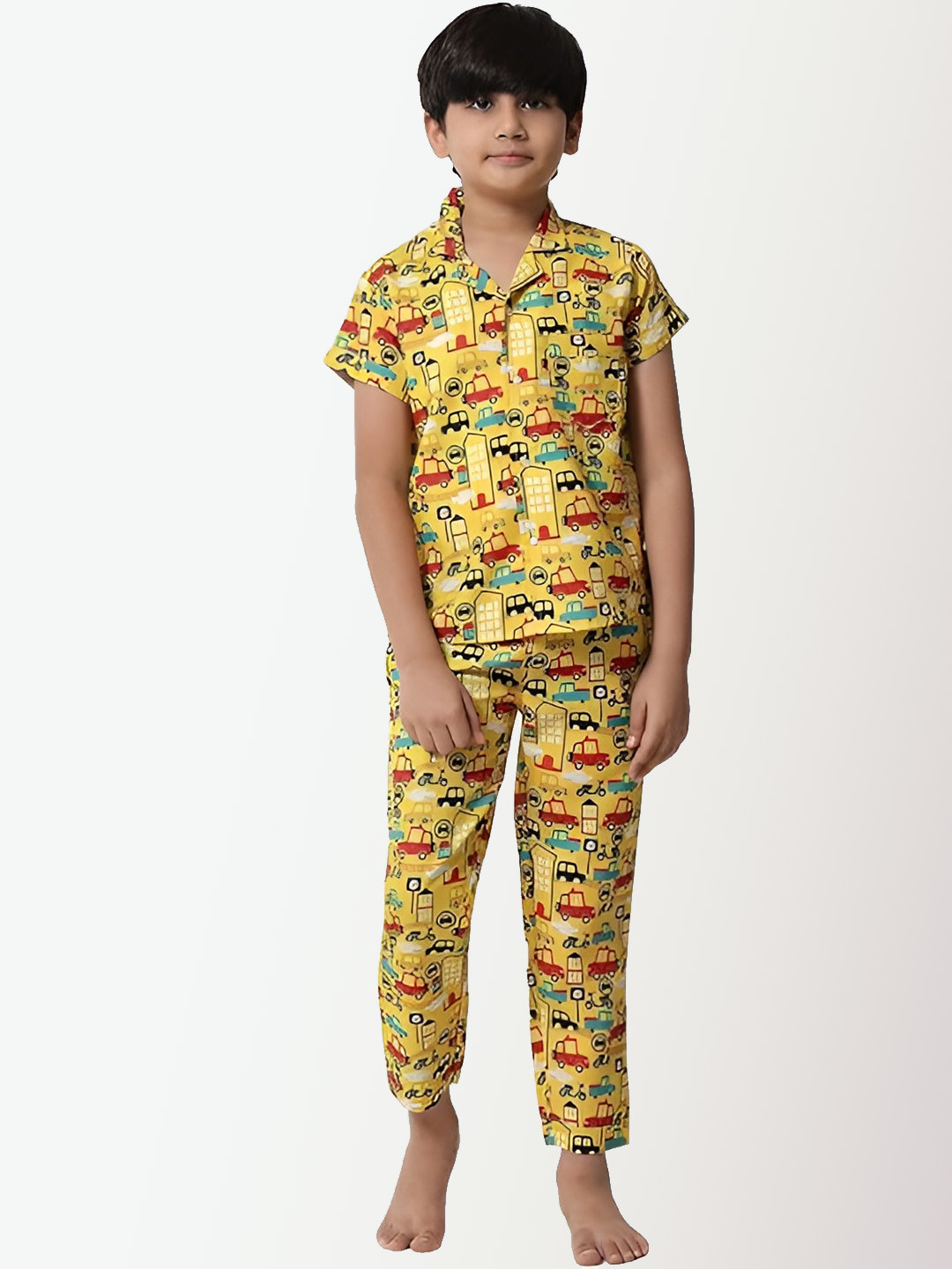 

BAESD Boys Graphic Printed Lapel Collar Pure Cotton Night suit, Yellow