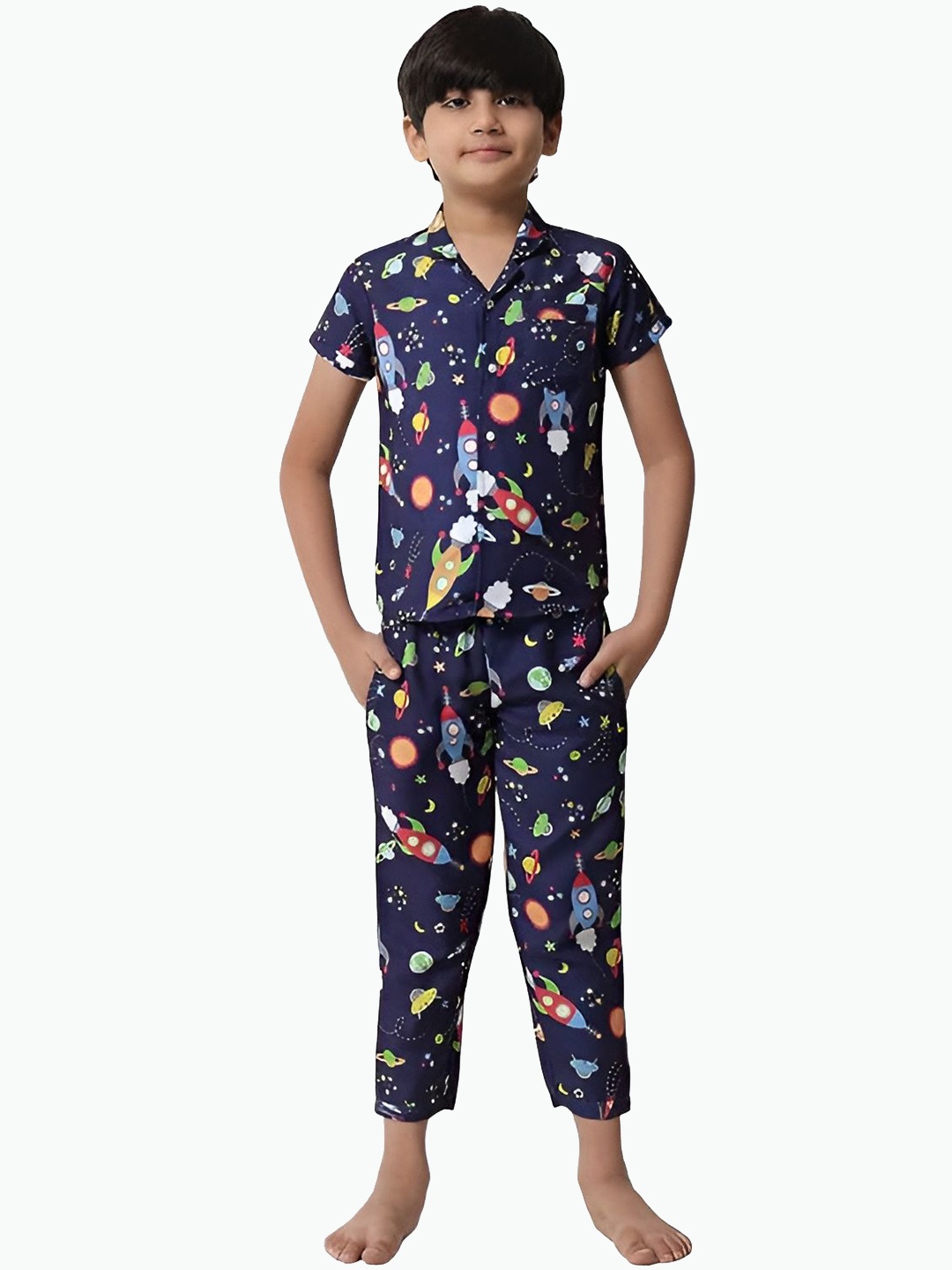 

BAESD Boys Conversational Printed Lapel Collar Pure Cotton Night suit, Navy blue