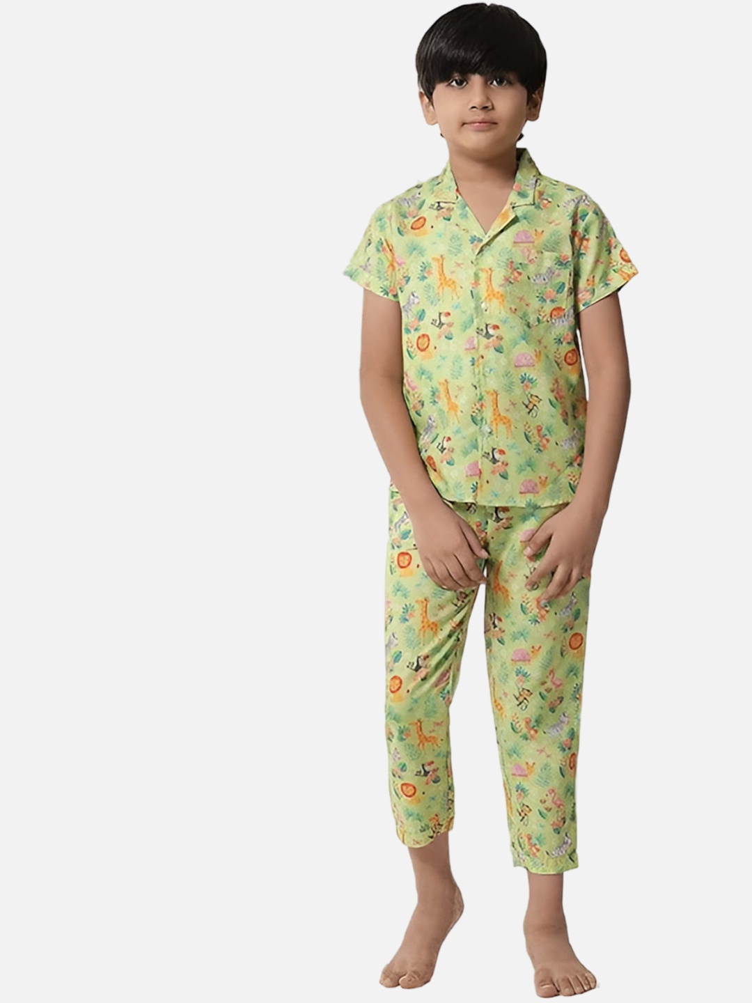 

BAESD Boys Conversational Printed Lapel Collar Pure Cotton Night suit, Green