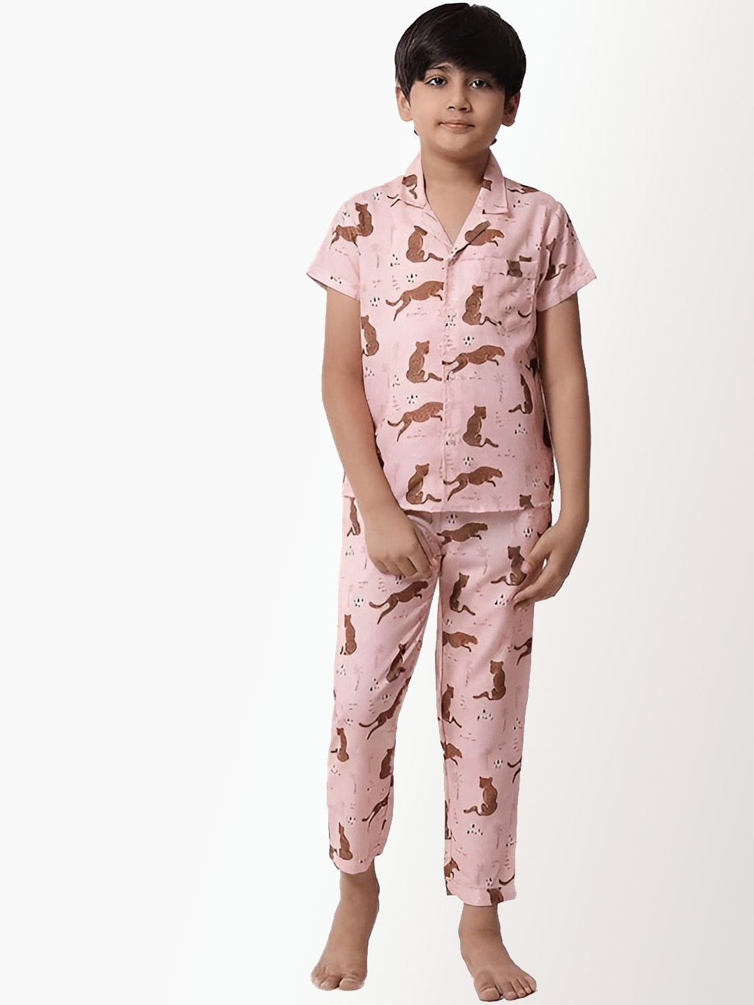 

BAESD Boys Conversational Printed Lapel Collar Pure Cotton Night suit, Peach