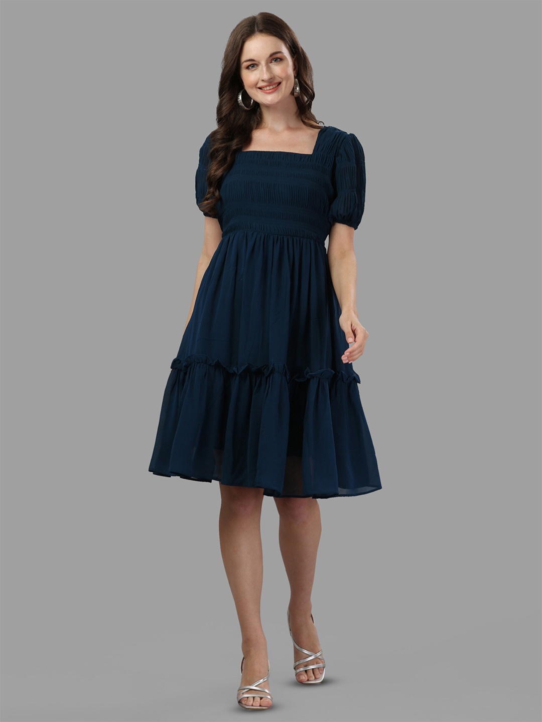 

Femvy Self Design Square Neck Puff Sleeves Layered Georgette Fit & Flare Dress, Blue