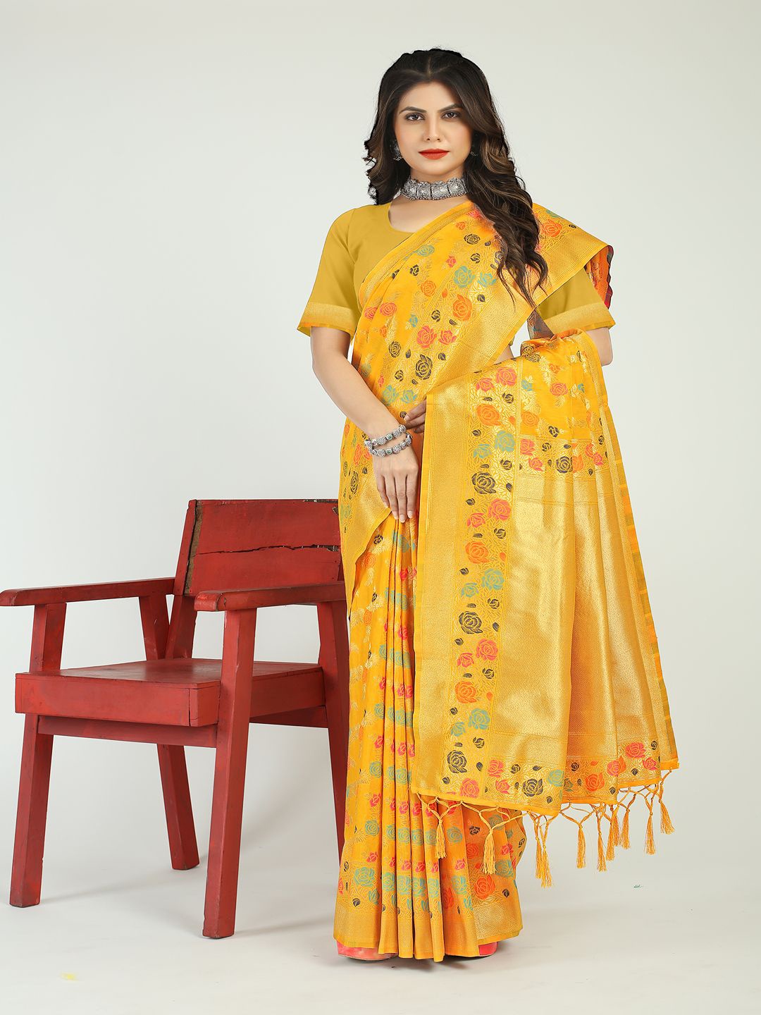 

SGF11 Woven Design Zari Art Silk Kanjeevaram Saree, Mustard