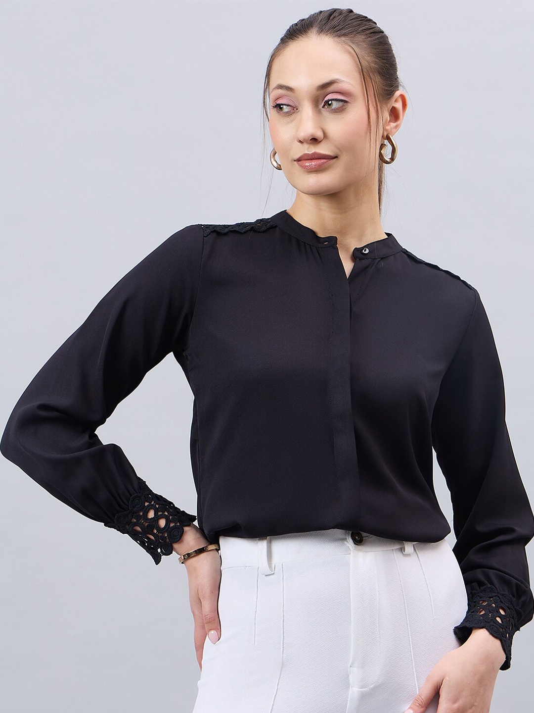 

Style Quotient Smart Band Collar Shirt Style Top, Black