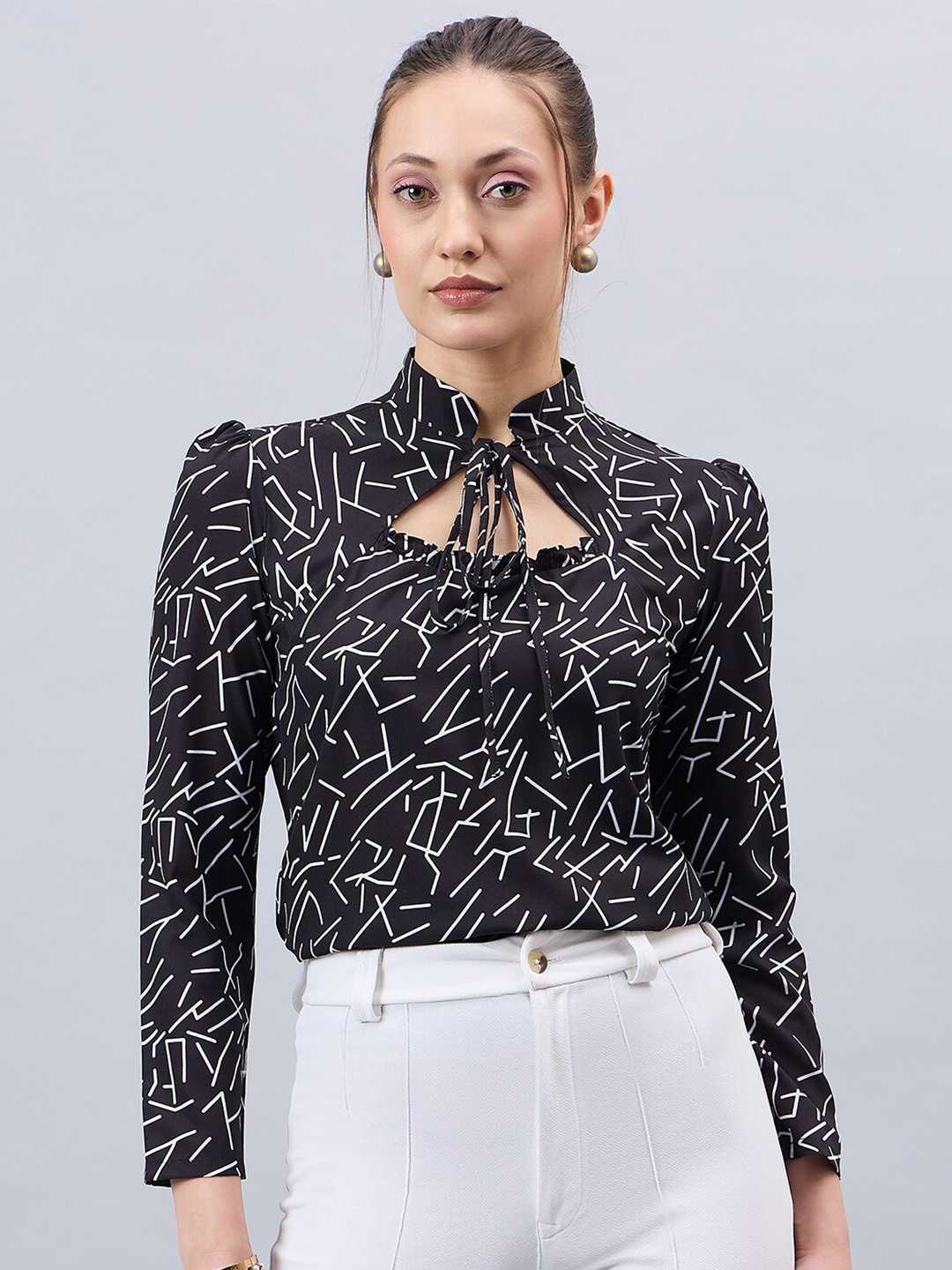 

Style Quotient Abstract Printed Puff Sleeves Tie-Up Neck Regular Top, Black