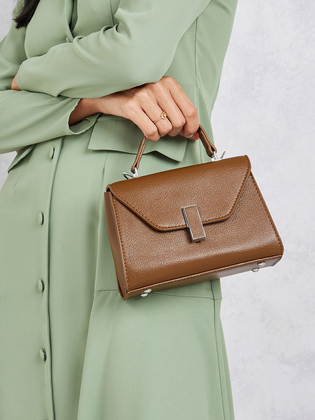 

Styli Flap Handbag with Twist Lock, Brown