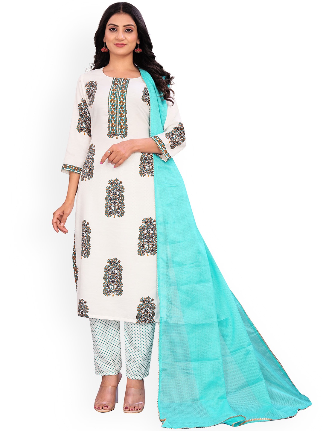 

VIRICA Floral Printed Pure Cotton White Kurta With Trouser & Dupatta, Off white