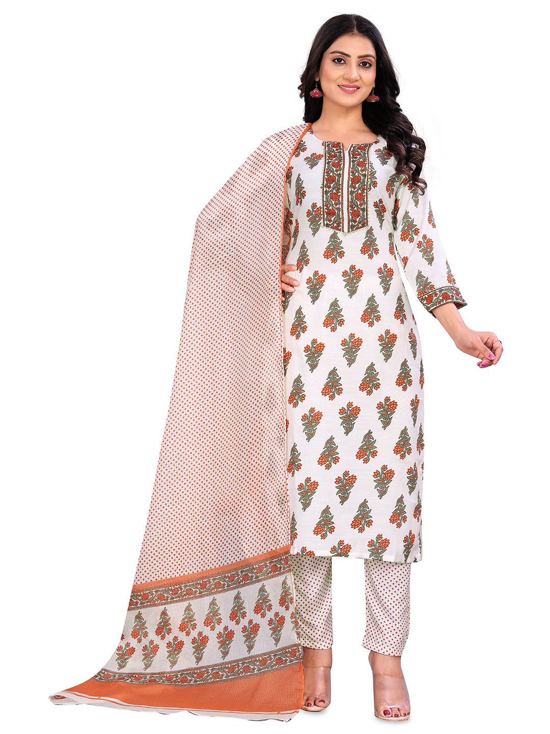

VIRICA Floral Printed Round Neck Straight Kurta With Trousers & Dupatta, Orange